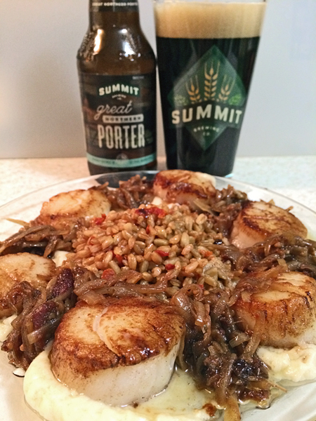 photo of scallops dinner and beer